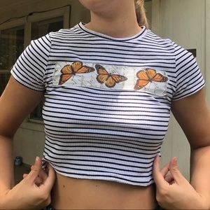 One of a Kind Butterfly B&W Stripped Crop Top